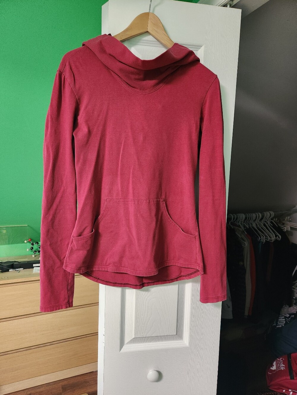 Burgundy Hooded Cowl Neck Fitted Long Sleeve Fig Top MEDIUM